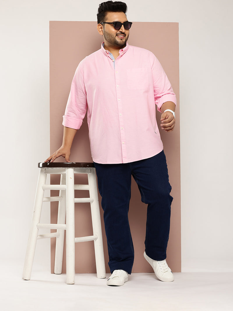 Thomas Scott Men Pink Plus Size Regular Fit Long Sleeves Button-Down Collar Cotton Casual Shirt