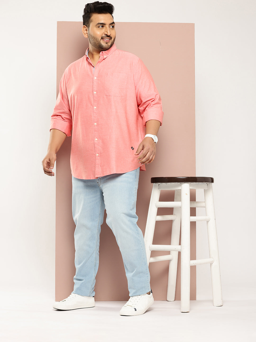 Red Plus Size Regular Fit Long Sleeves Button-Down Collar Cotton Casual Shirt For Men