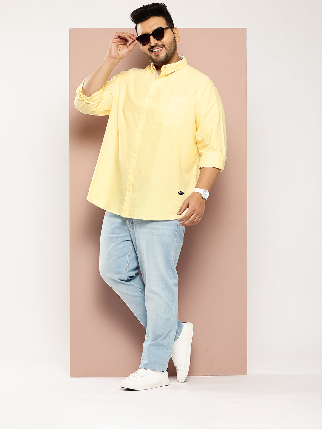 Thomas Scott Men Yellow Plus Size Regular Fit Long Sleeves Button-Down Collar Cotton Casual Shirt