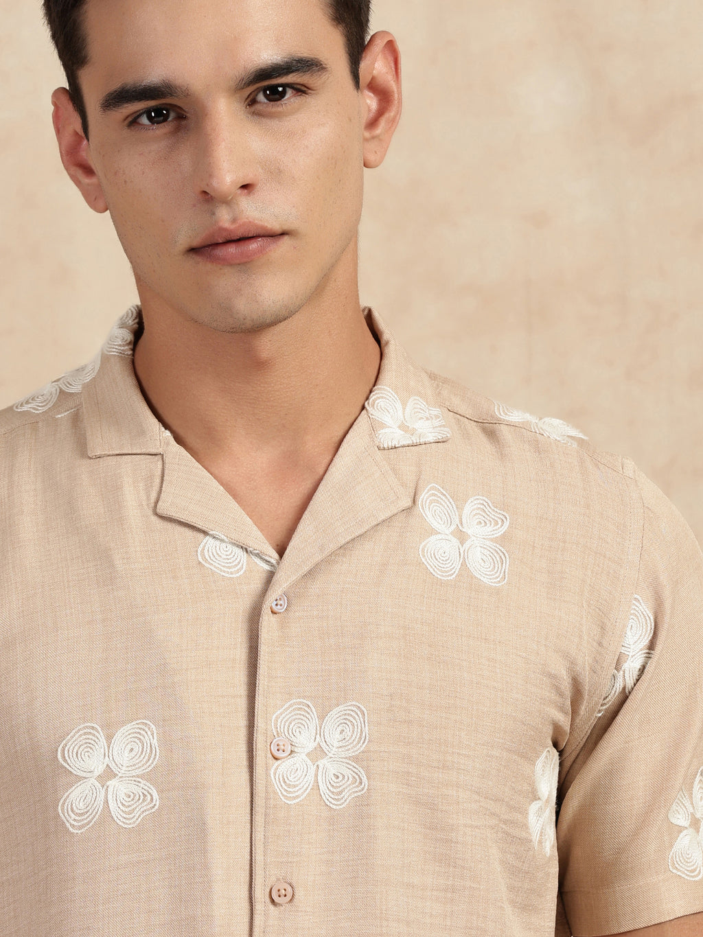 Thomas Scott Men Beige Regular Fit Short Sleeves Cuban Collar Embroidered Shirt