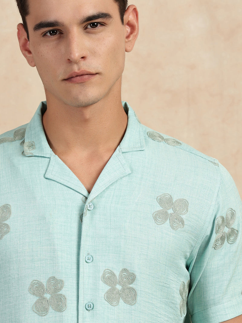 Thomas Scott Men Sky Blue Regular Fit Short Sleeves Cuban Collar Embroidered Shirt