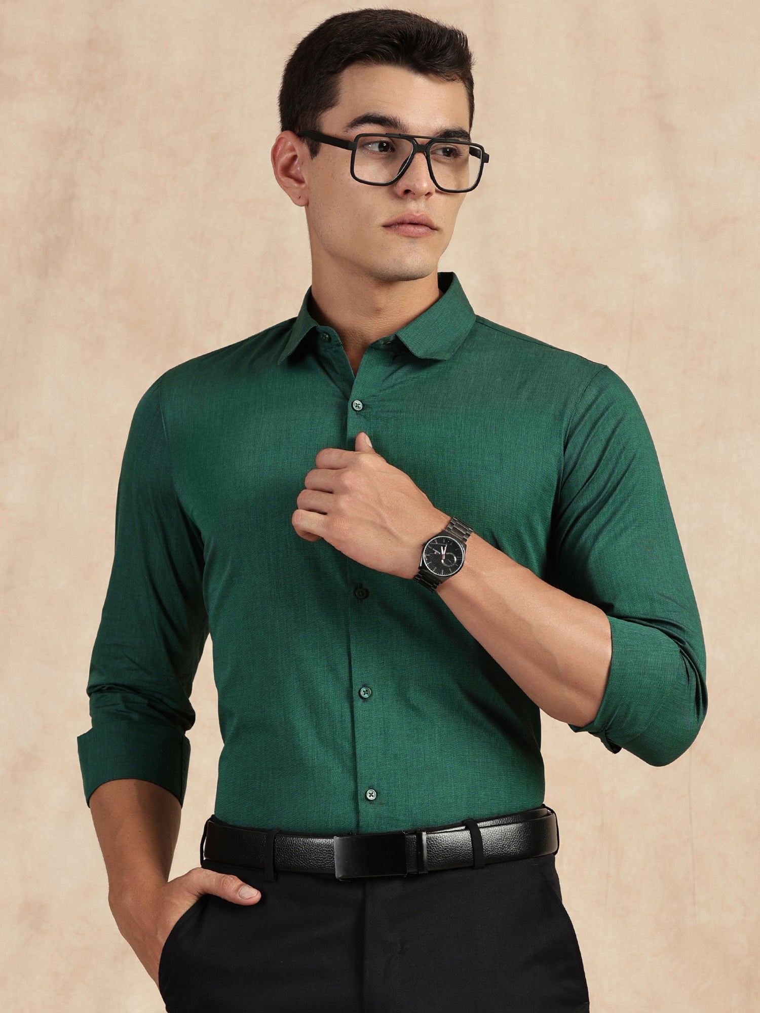 Thomas Scott Men Dark Green Slim Fit Long Sleeves Button-Down Collar Solid Filafil Formal Shirt