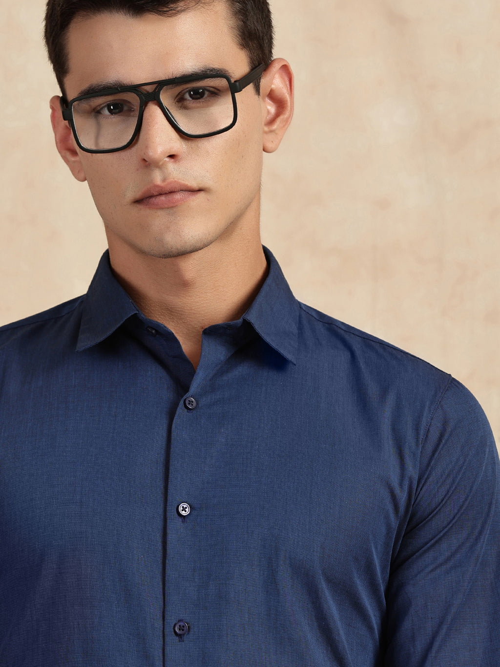 Thomas Scott Men Navy Slim Fit Long Sleeves Button-Down Collar Solid Filafil Formal Shirt
