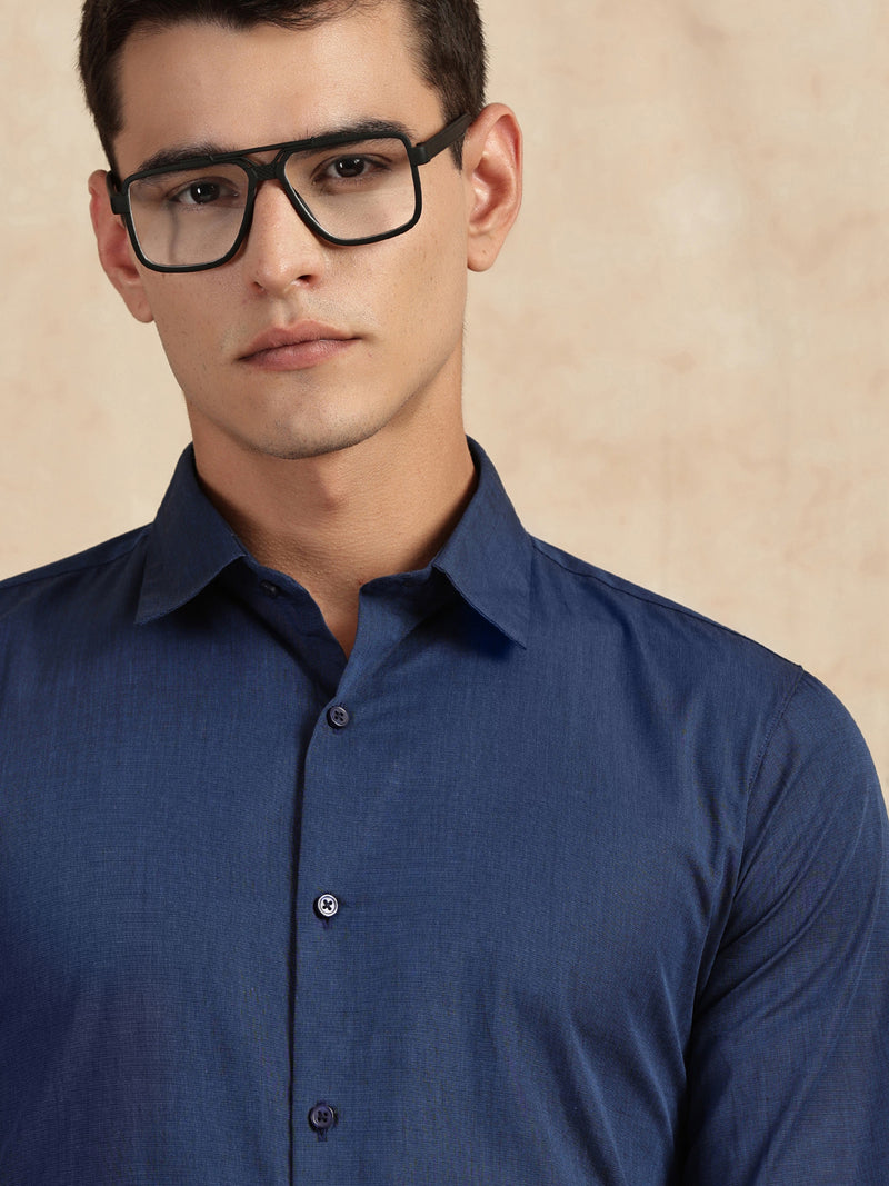 Thomas Scott Men Navy Slim Fit Long Sleeves Button-Down Collar Solid Filafil Formal Shirt