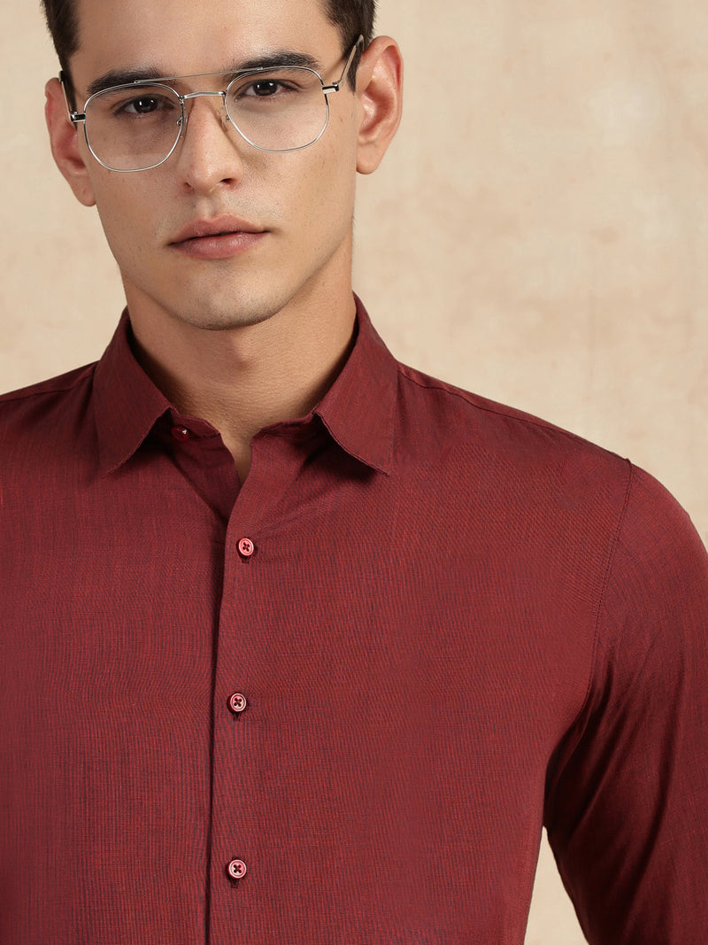 Thomas Scott Men Red Slim Fit Long Sleeves Button-Down Collar Solid Filafil Formal Shirt