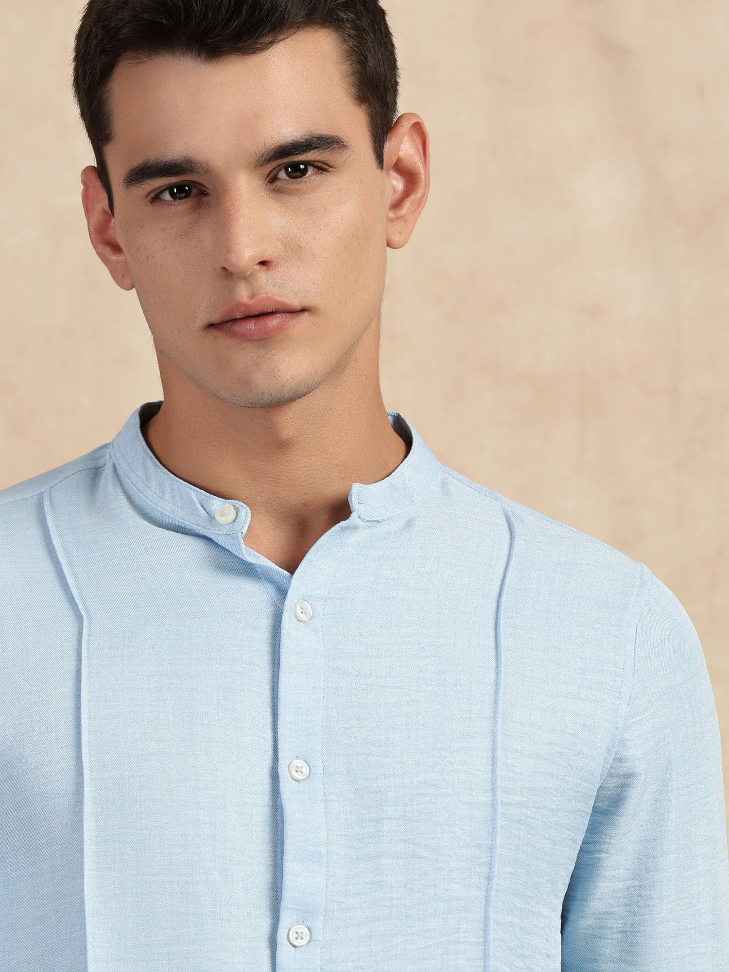 Thomas Scott Men Light Blue Slim Fit Long Sleeves Mandarin Collar Textured Casual Shirt
