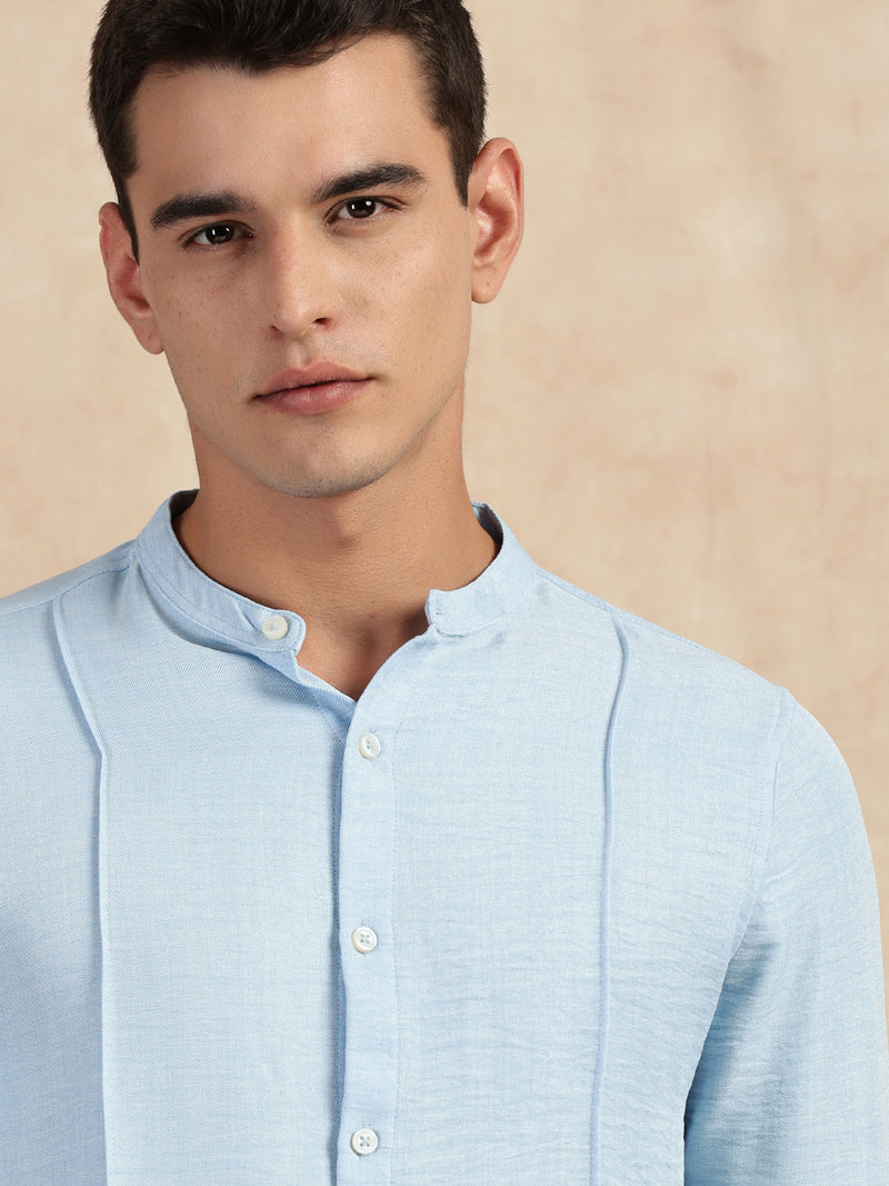 Thomas Scott Men Light Blue Slim Fit Long Sleeves Mandarin Collar Textured Casual Shirt