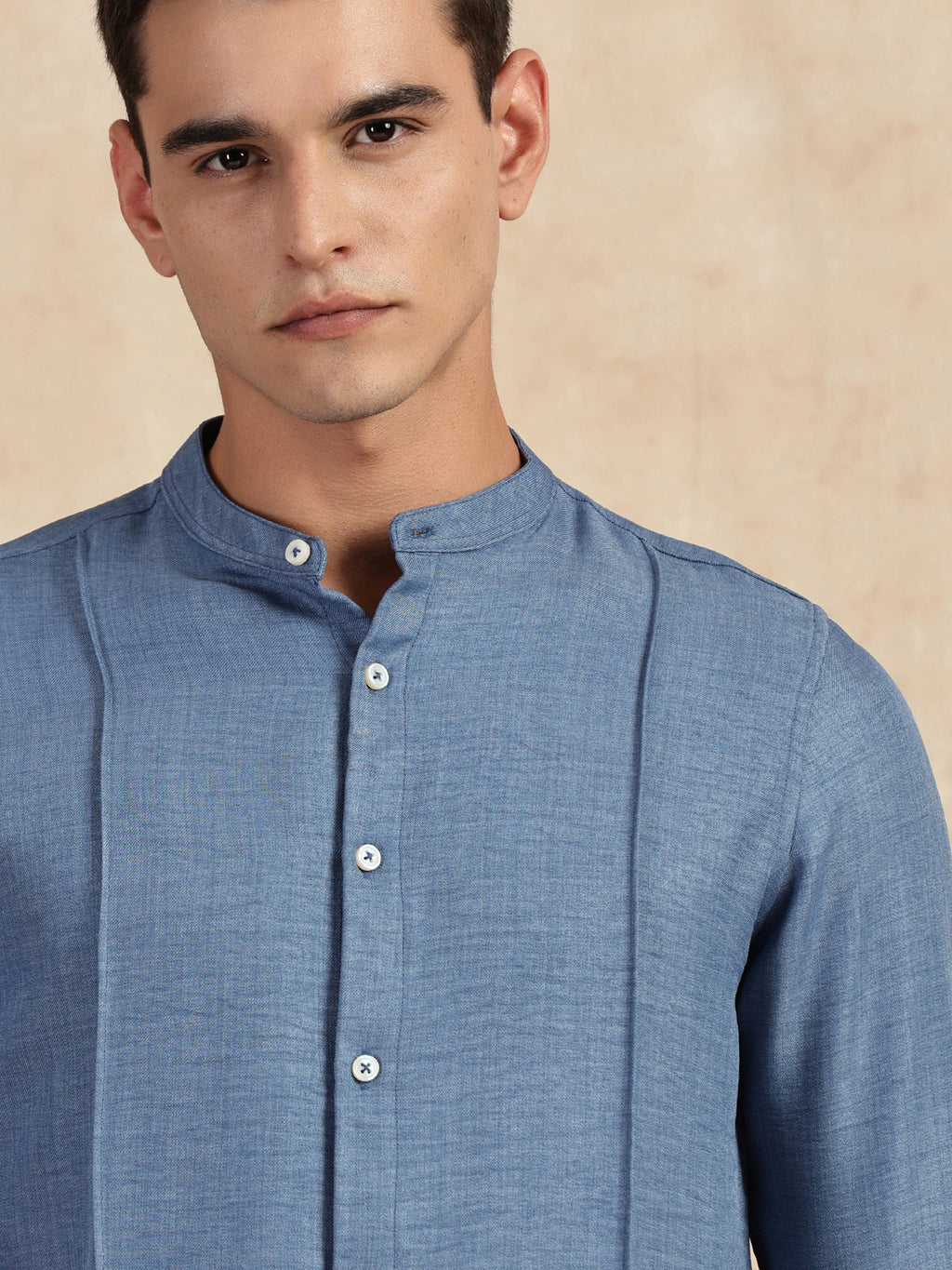 Thomas Scott Men Medium Blue Slim Fit Long Sleeves Mandarin Collar Textured Casual Shirt