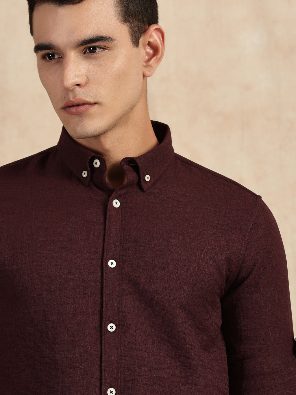Thomas Scott Men Wine Slim Fit Long Sleeves Button-Down Collar Polyester Casual Shirt