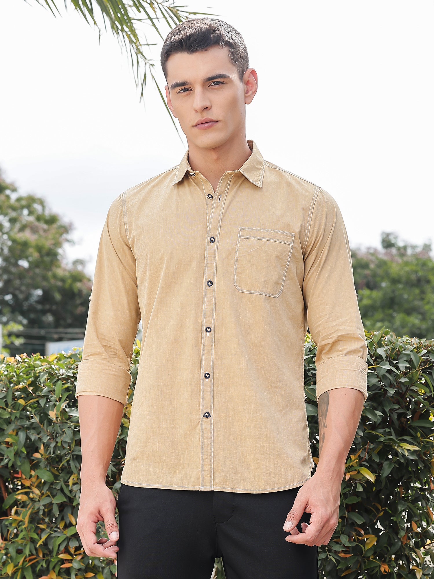 Thomas Scott Men Khaki Slim Fit Long Sleeves Spread Collar Filafil Casual Shirt
