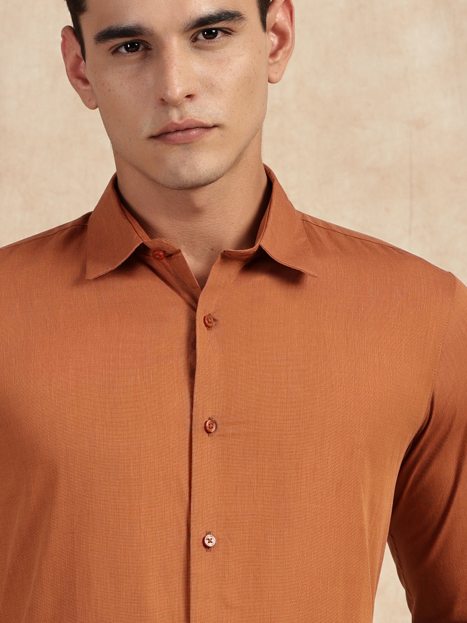 Thomas Scott Men Orange Slim Fit Long Sleeves Button-Down Collar Solid Filafil Formal Shirt