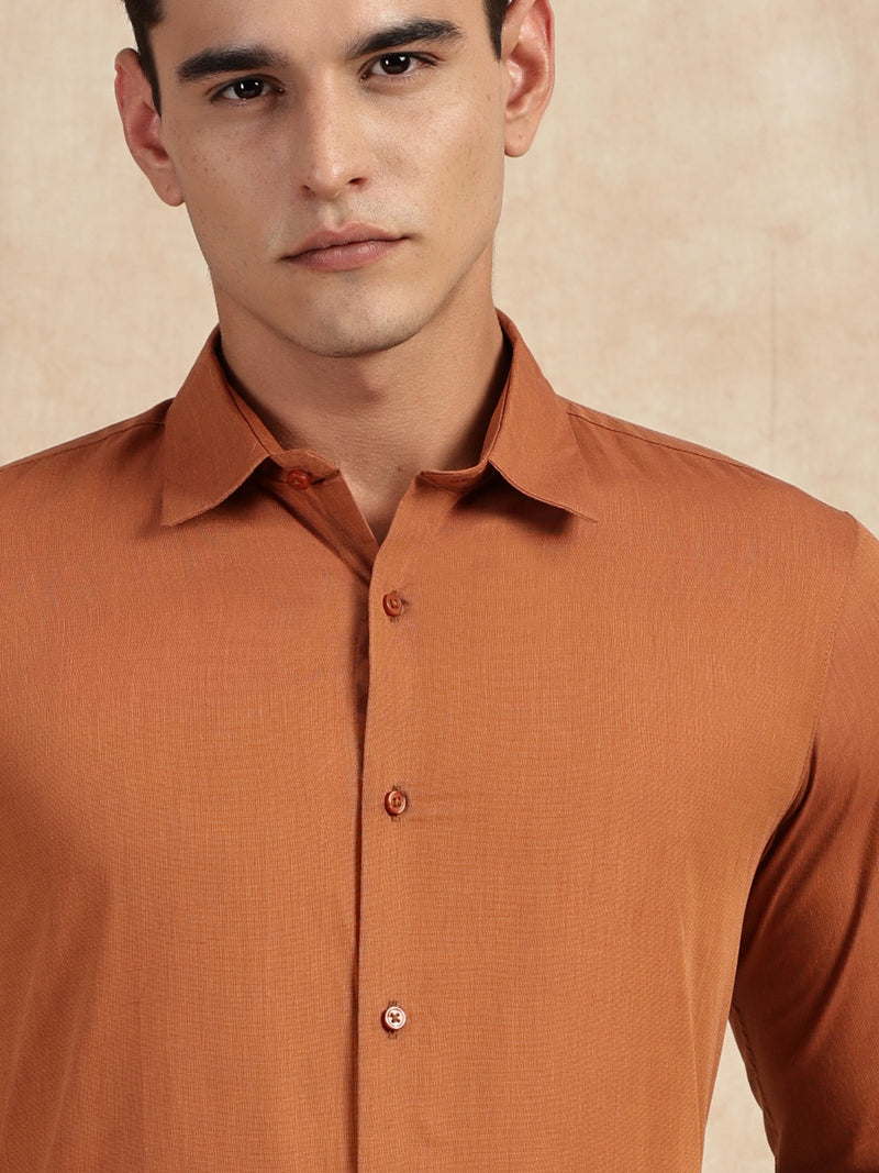 Thomas Scott Men Orange Slim Fit Long Sleeves Button-Down Collar Solid Filafil Formal Shirt