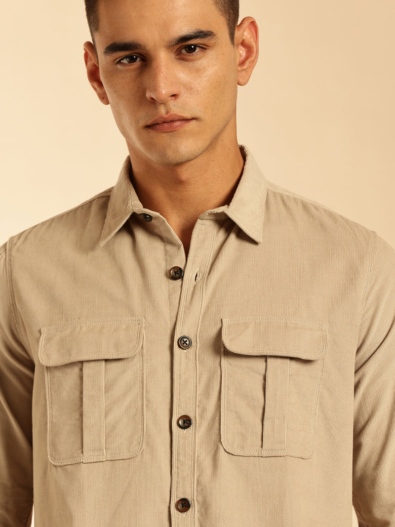Thomas Scott Men Cream Slim Fit Long Sleeves Corduroy Casual Shirt