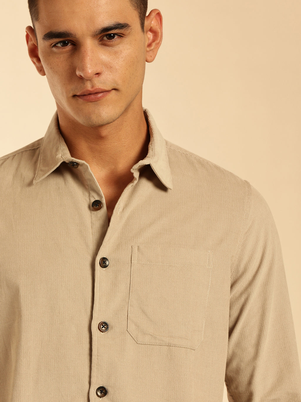 Thomas Scott Men Cream Slim Fit Long Sleeves Corduroy Casual Shirt