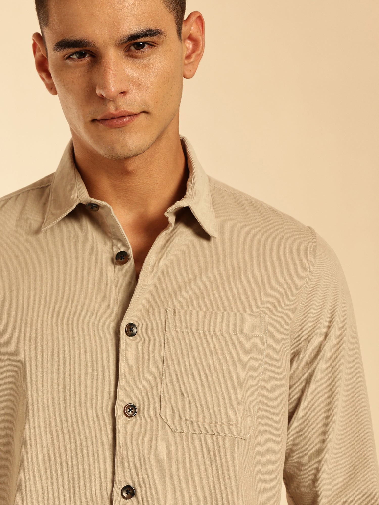 Thomas Scott Men Cream Slim Fit Long Sleeves Corduroy Casual Shirt