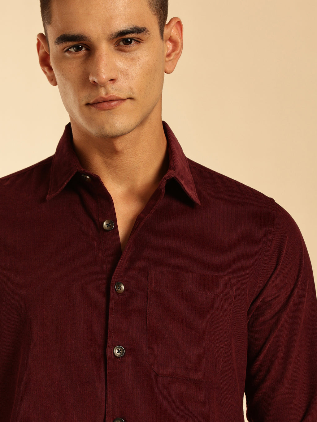 Thomas Scott Men Wine Slim Fit Long Sleeves Corduroy Casual Shirt