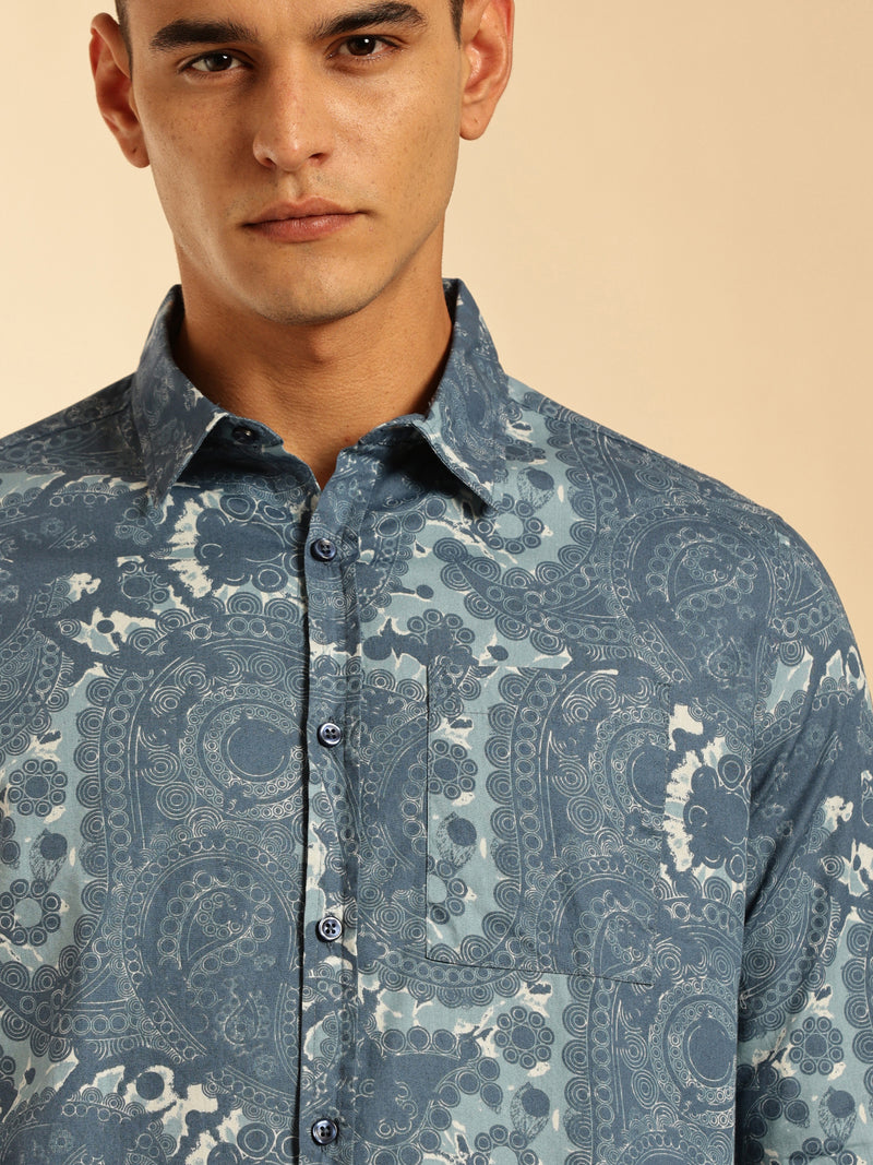 Thomas Scott Men Blue1 Regular Fit Long Sleeves Abstract Printed Pure Cotton Casual Shirt
