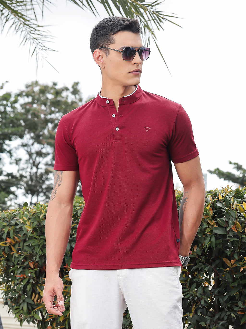 Thomas Scott Men Maroon Regular Fit Short Sleeves Mandarin Collar Knitted Tshirt