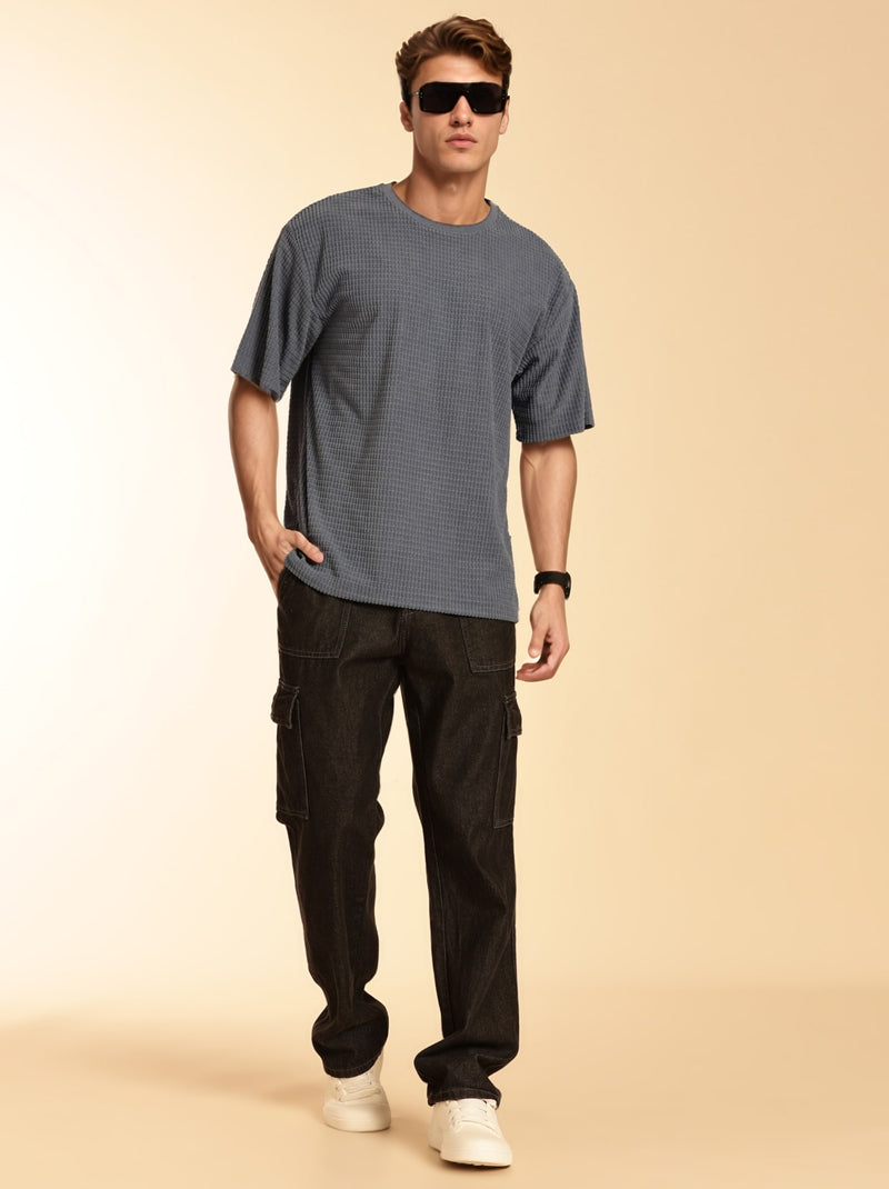 Thomas Scott Men Blue Towel Terry Oversized Short Sleeves Round Neck Solid Knitted Tshirt