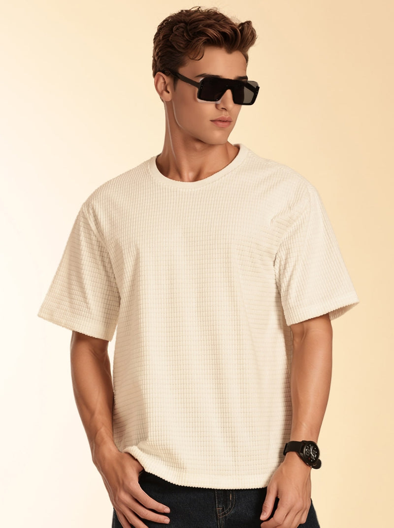 Thomas Scott Men White Towel Terry Oversized Short Sleeves Round Neck Solid Knitted Tshirt