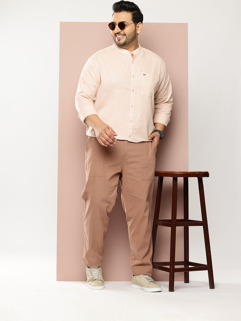 Thomas Scott Men Beige Premium Plus Size Regular Fit Long Sleeves Band Collar Solid Cotton Linen Casual Shirt