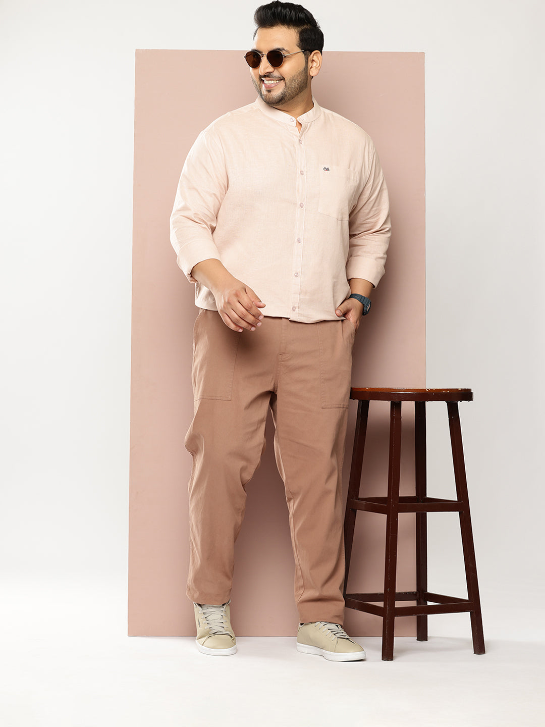 Thomas Scott Men Beige Premium Plus Size Regular Fit Long Sleeves Band Collar Solid Cotton Linen Casual Shirt