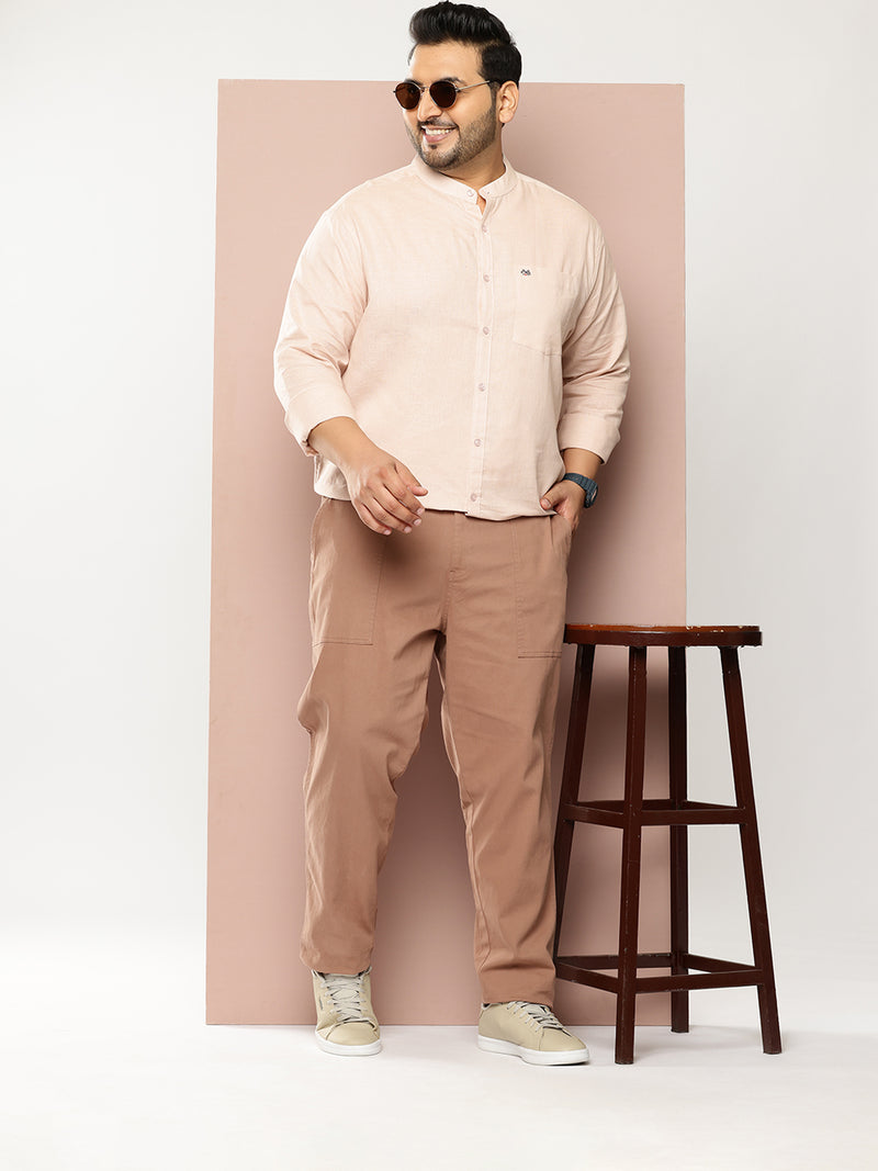 Thomas Scott Men Beige Premium Plus Size Regular Fit Long Sleeves Band Collar Solid Cotton Linen Casual Shirt