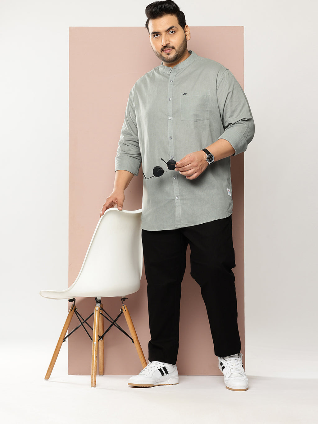 Thomas Scott Men Grey Premium Plus Size Regular Fit Long Sleeves Band Collar Solid Cotton Linen Casual Shirt