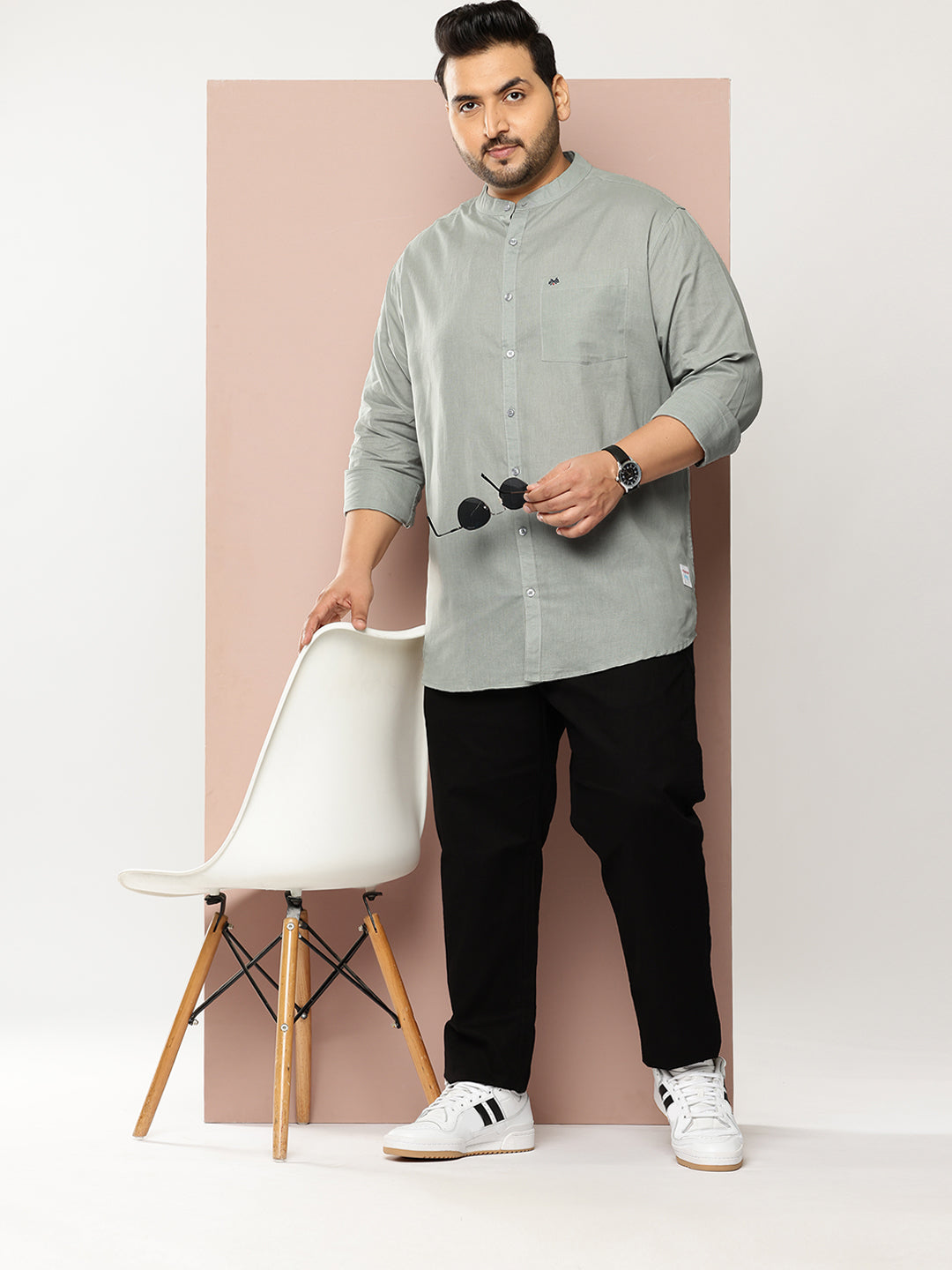 Thomas Scott Men Grey Premium Plus Size Regular Fit Long Sleeves Band Collar Solid Cotton Linen Casual Shirt