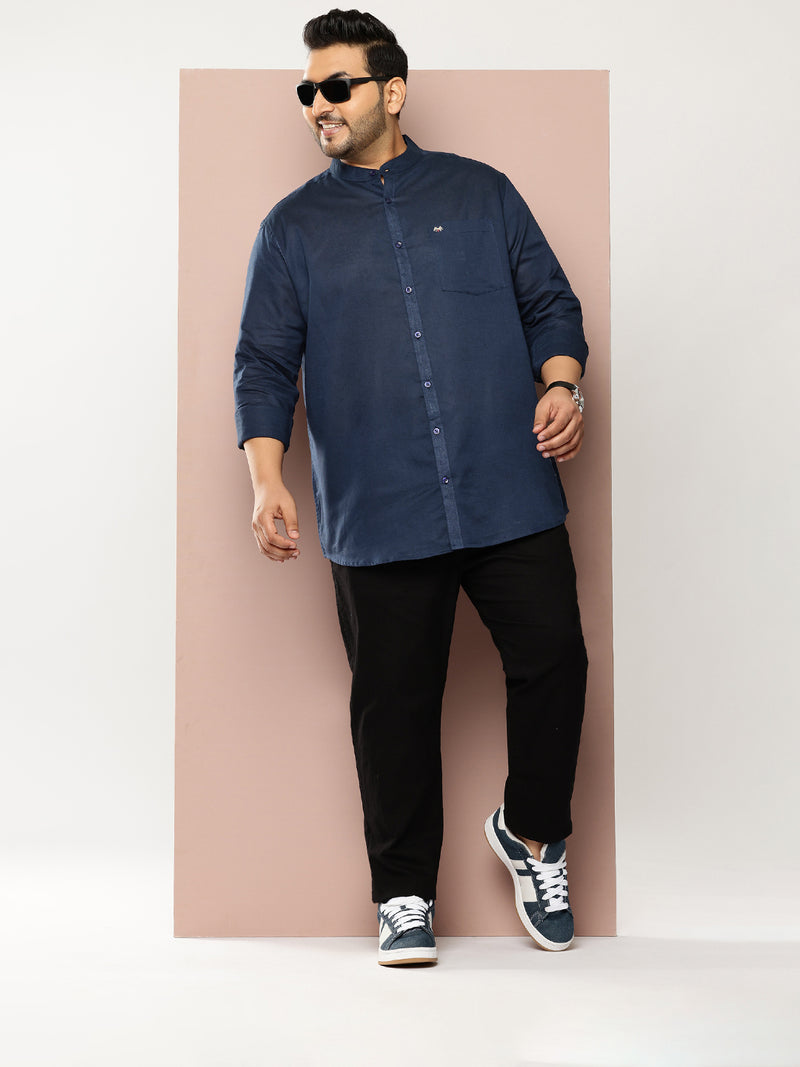 Thomas Scott Men Navy Premium Plus Size Regular Fit Long Sleeves Band Collar Solid Cotton Linen Casual Shirt