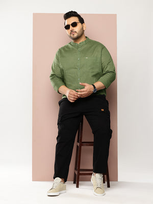 Olive Premium Plus Size Regular Fit Long Sleeves Band Collar Solid Cotton Linen Casual Shirt For Men