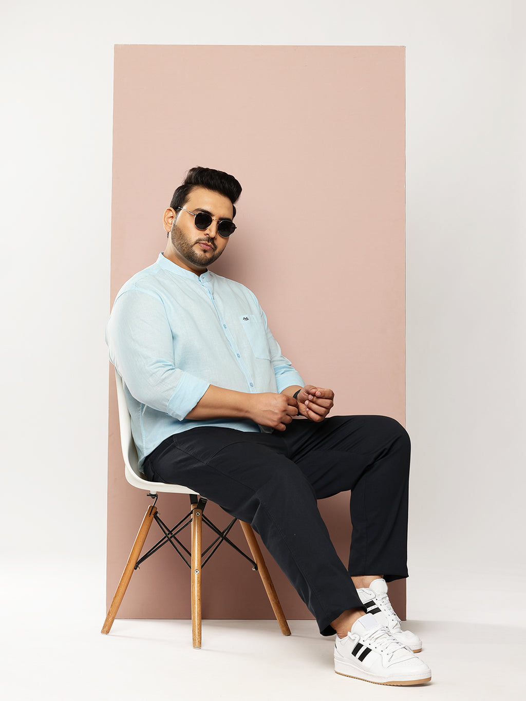Thomas Scott Men Sky Blue Premium Plus Size Regular Fit Long Sleeves Band Collar Solid Cotton Linen Casual Shirt