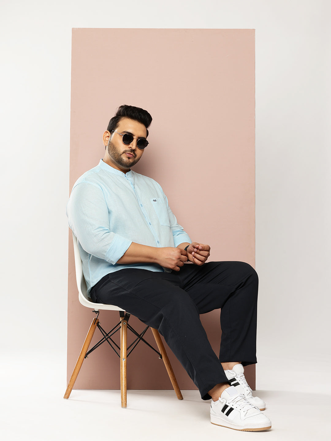 Thomas Scott Men Sky Blue Premium Plus Size Regular Fit Long Sleeves Band Collar Solid Cotton Linen Casual Shirt
