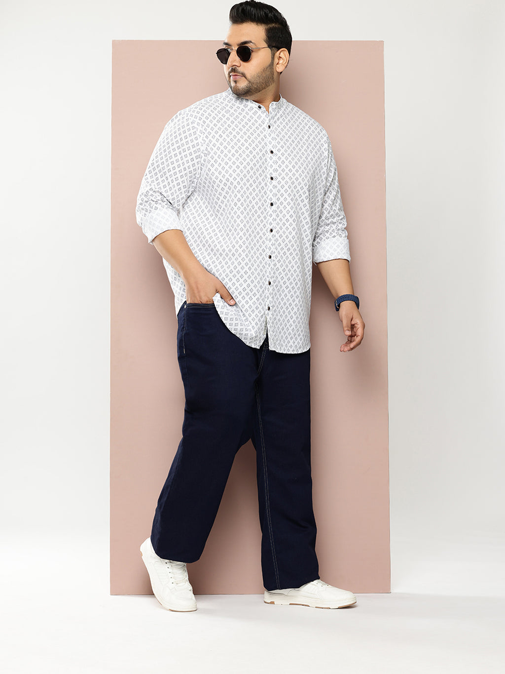 Thomas Scott Men White Premium Plus Size Regular Fit Long Sleeves Geometric Print Cotton Linen Casual Shirt