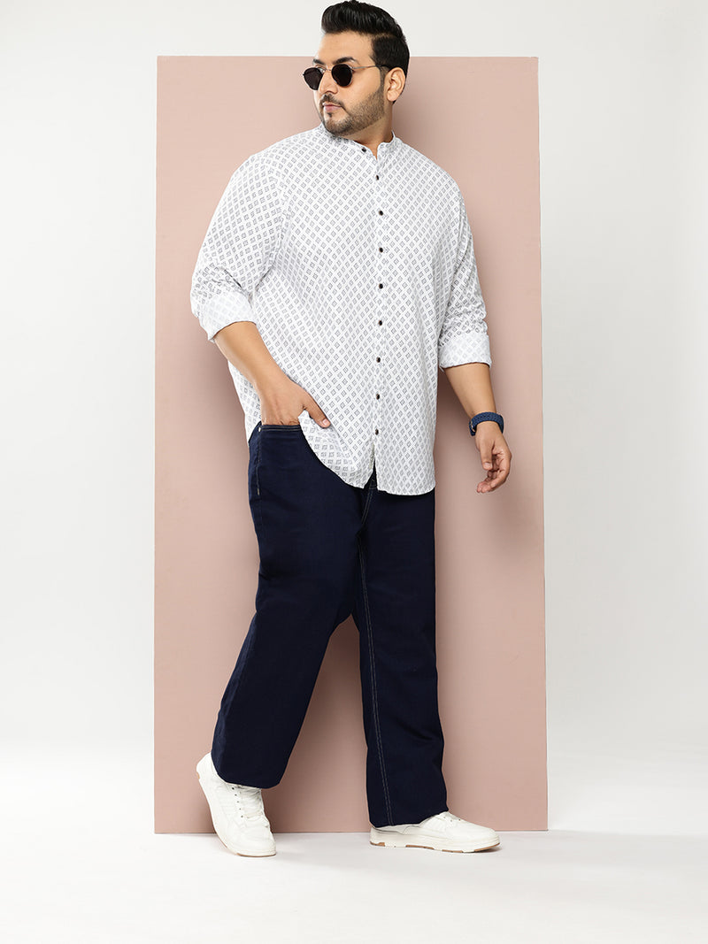 Thomas Scott Men White Premium Plus Size Regular Fit Long Sleeves Geometric Print Cotton Linen Casual Shirt