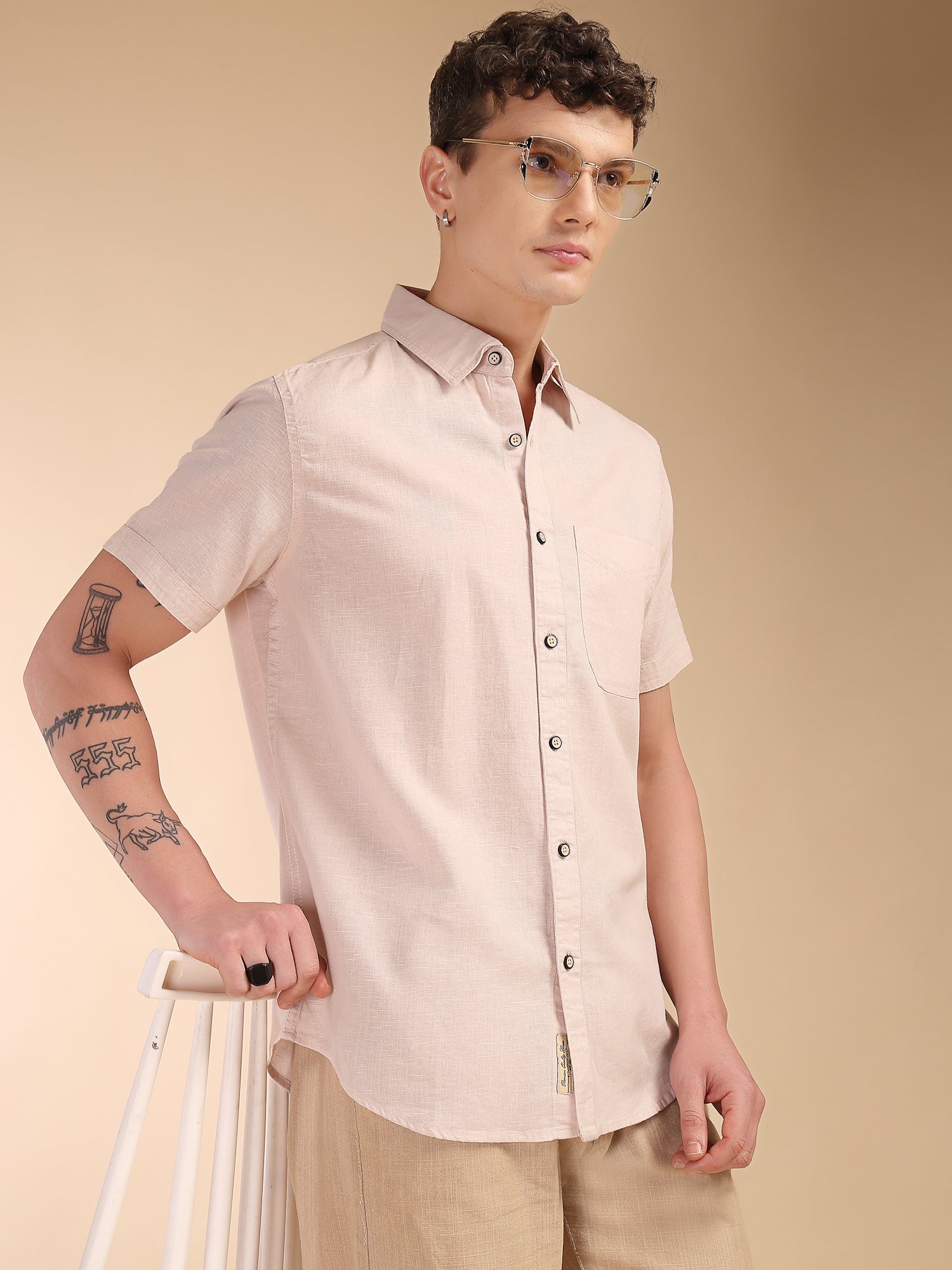 Thomas Scott Men Beige Regular Fit Short Sleeves Spread Collar Linen Casual Shirt