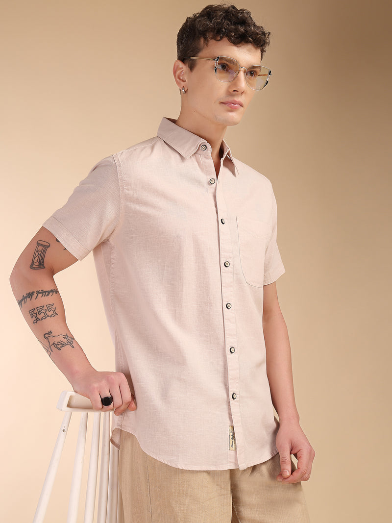 Thomas Scott Men Beige Regular Fit Short Sleeves Spread Collar Linen Casual Shirt
