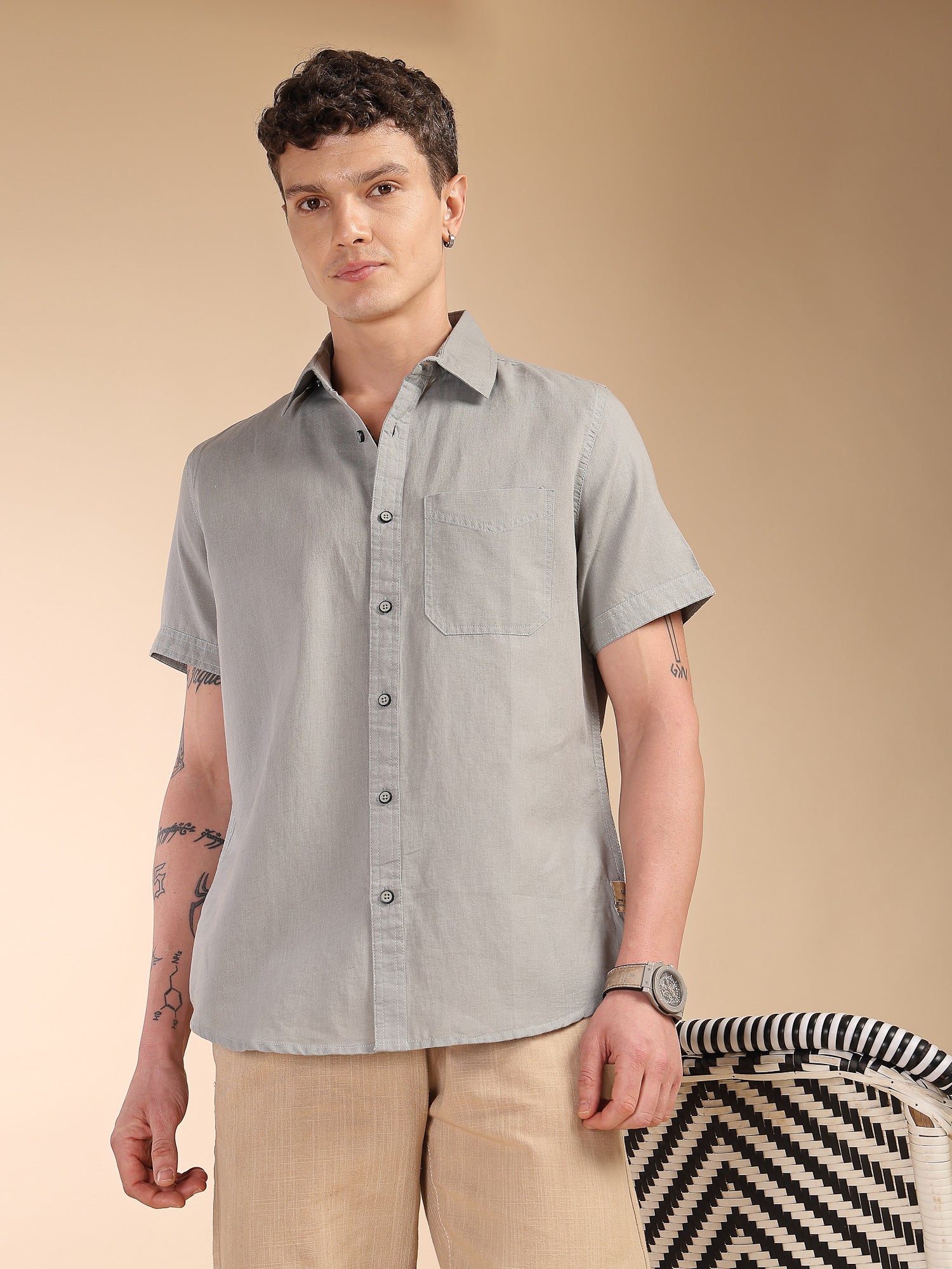 Thomas Scott Men Grey Regular Fit Short Sleeves Spread Collar Linen Casual Shirt