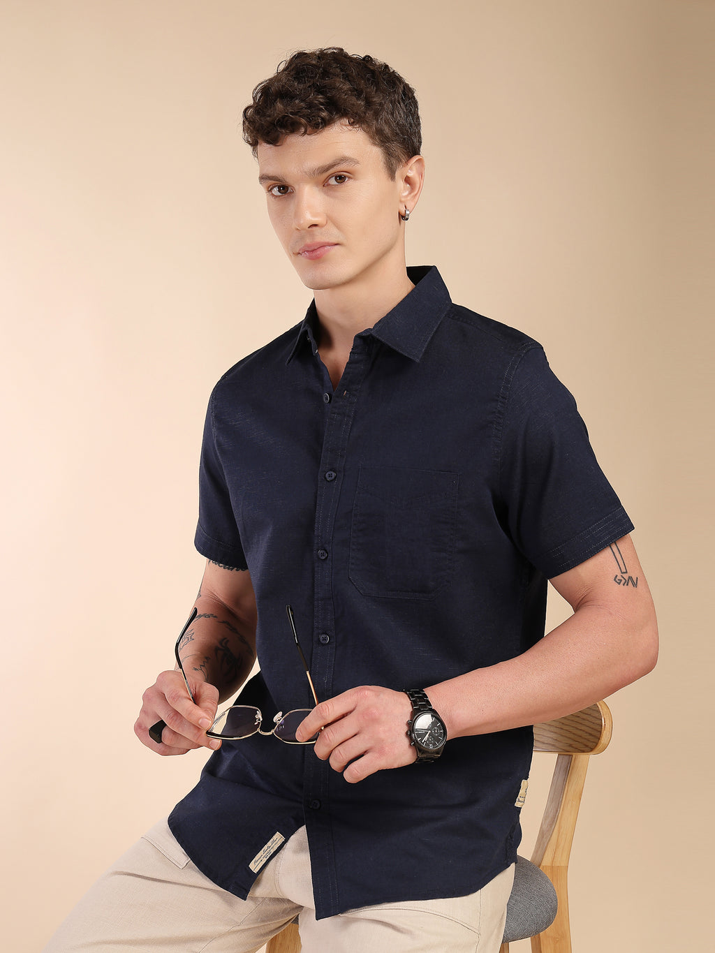 Thomas Scott Men Navy Regular Fit Short Sleeves Spread Collar Linen Casual Shirt