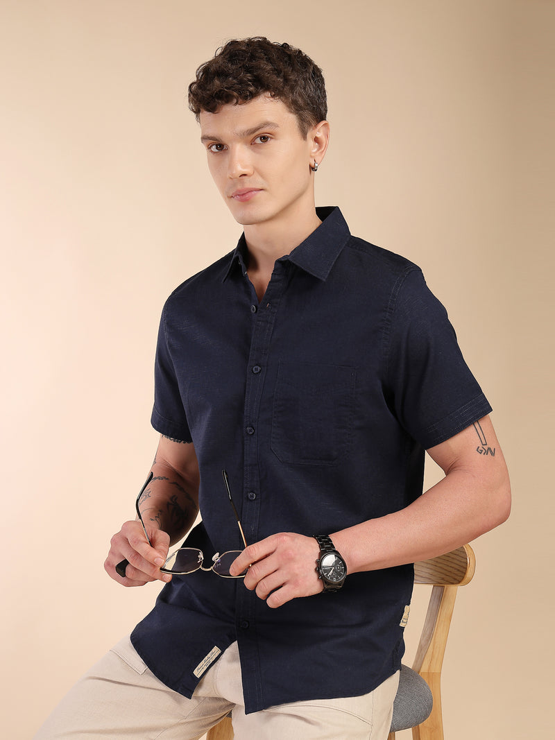 Thomas Scott Men Navy Regular Fit Short Sleeves Spread Collar Linen Casual Shirt