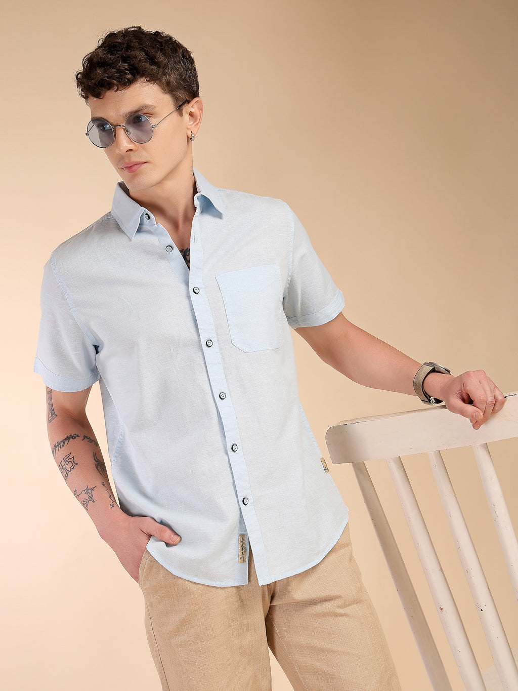 Thomas Scott Men Sky Blue Regular Fit Short Sleeves Spread Collar Linen Casual Shirt