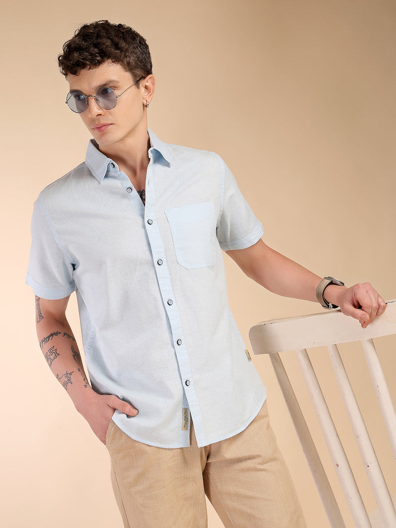 Thomas Scott Men Sky Blue Regular Fit Short Sleeves Spread Collar Linen Casual Shirt