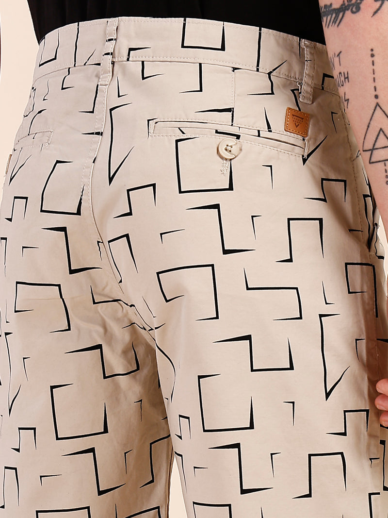 Thomas Scott Men Beige Mid-Rise Regular Fit Geometric Print Cotton Woven Chinos Shorts