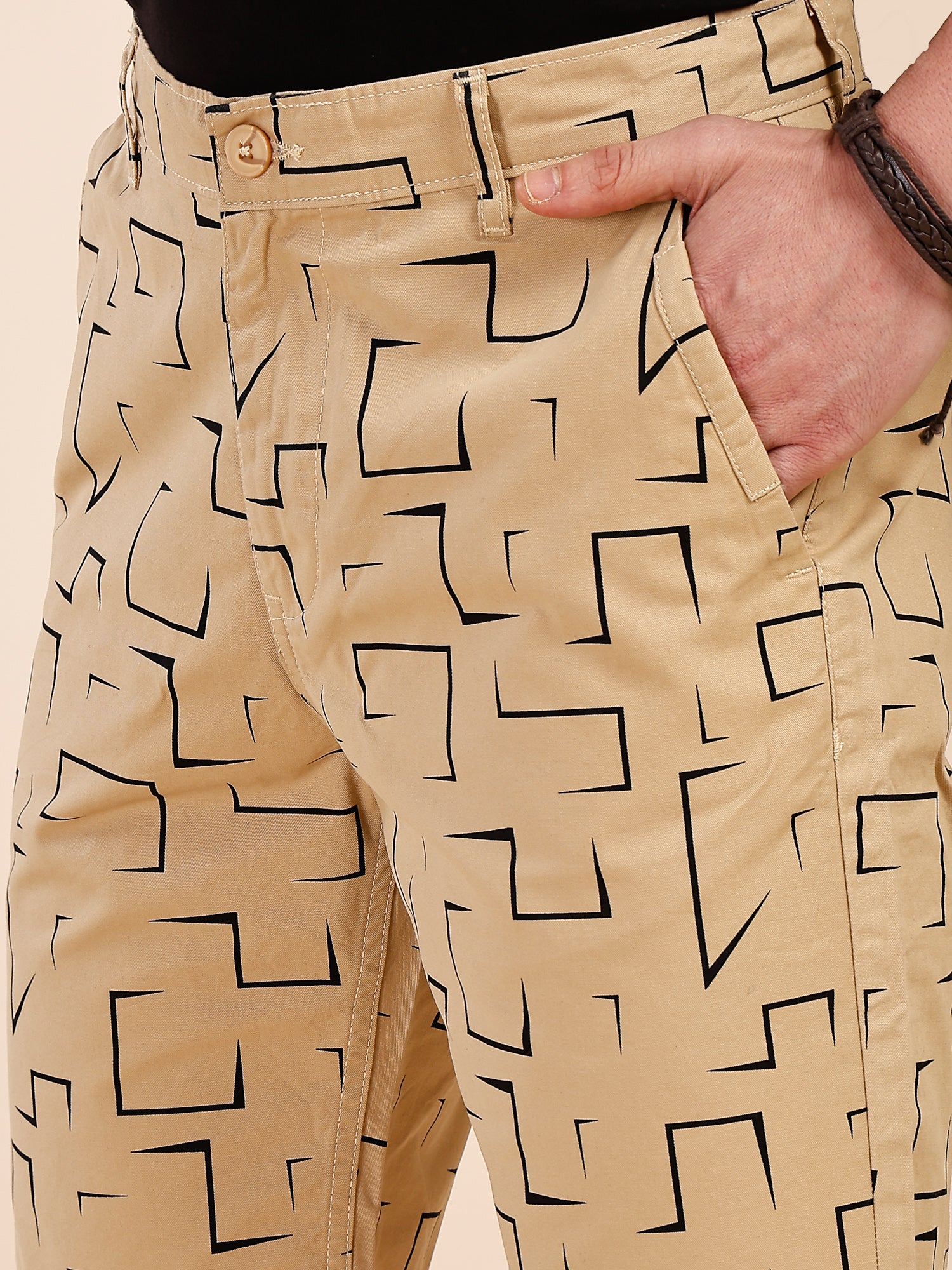 Thomas Scott Men Khaki Mid-Rise Regular Fit Geometric Print Cotton Woven Chinos Shorts