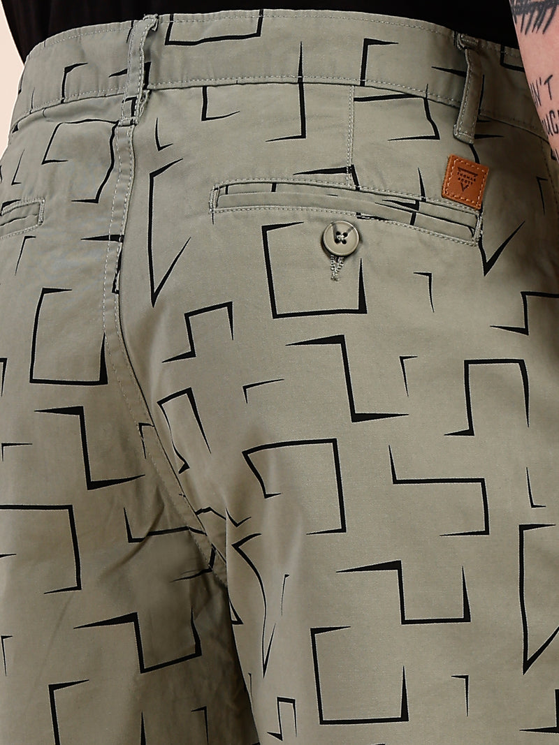 Thomas Scott Men Mint Mid-Rise Regular Fit Geometric Print Cotton Woven Chinos Shorts
