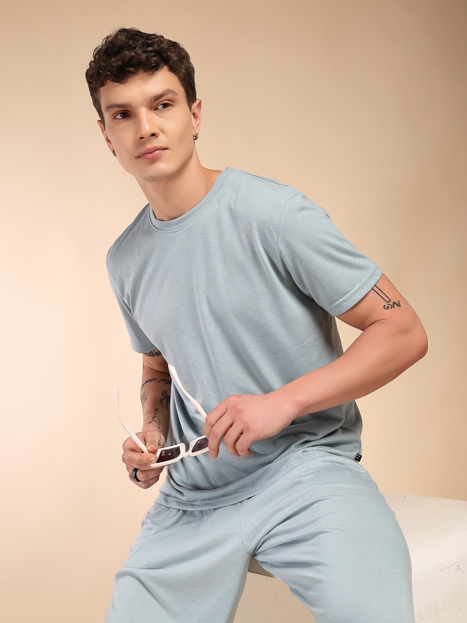 Thomas Scott Men Blue Round Neck Relaxed Fit Solid Polyester Co-Ords Set