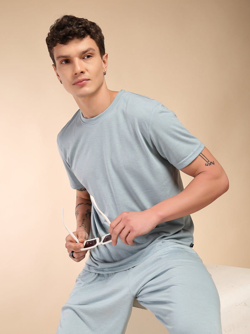Thomas Scott Men Blue Round Neck Relaxed Fit Solid Polyester Co-Ords Set