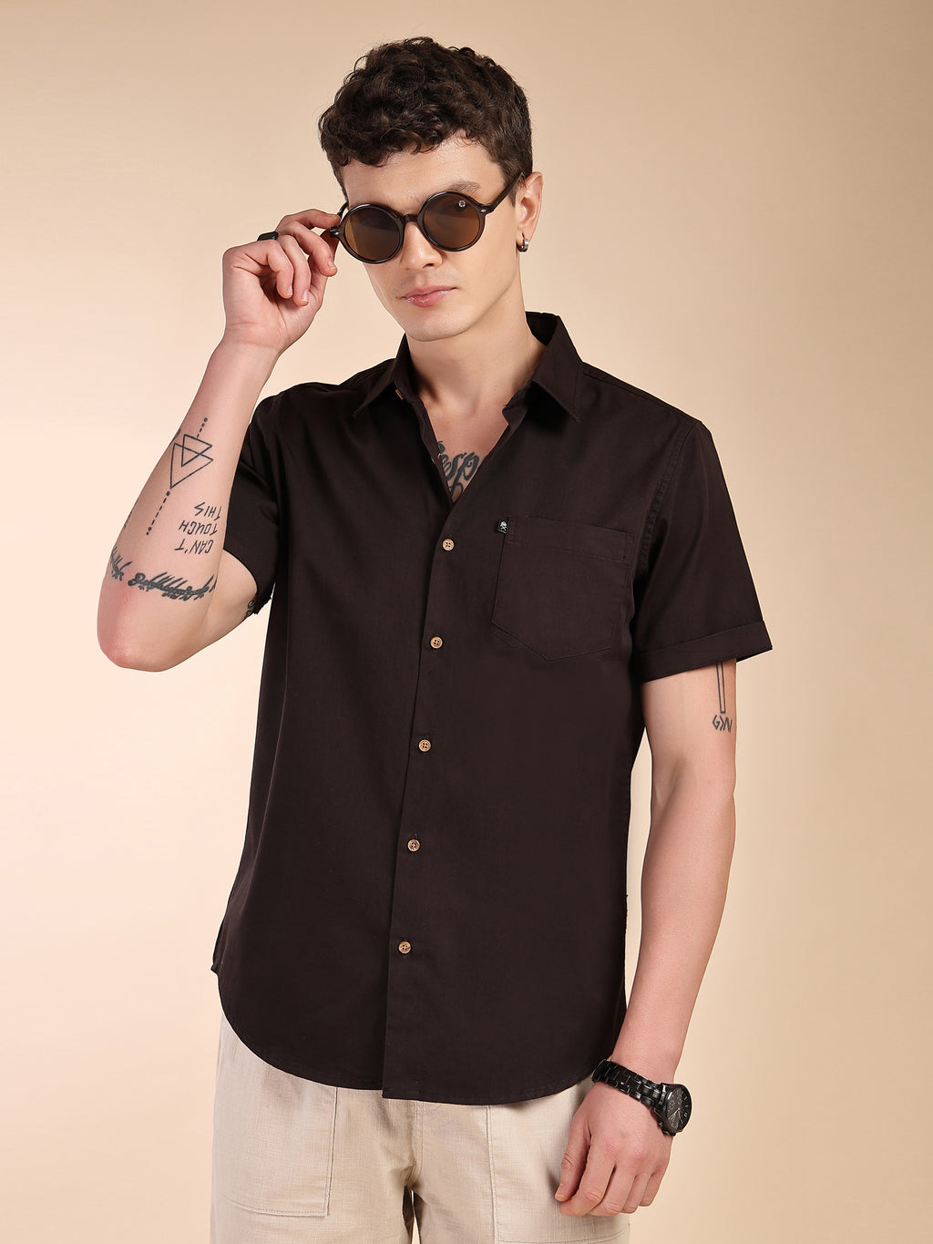 Thomas Scott Men Coffee Slim Fit Short Sleeves Spread Collar Solid Casual Shirt