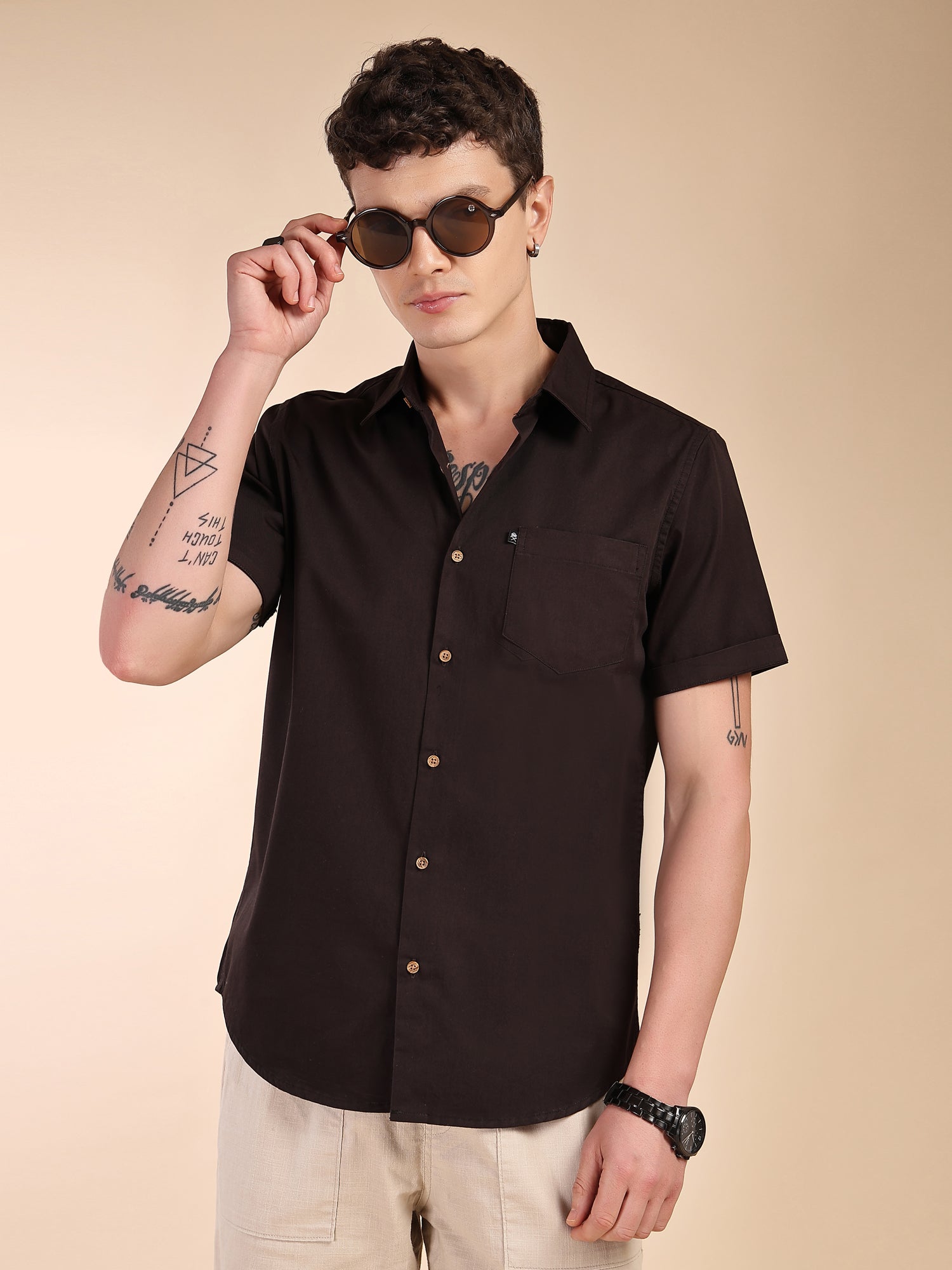 Thomas Scott Men Coffee Slim Fit Short Sleeves Spread Collar Solid Casual Shirt