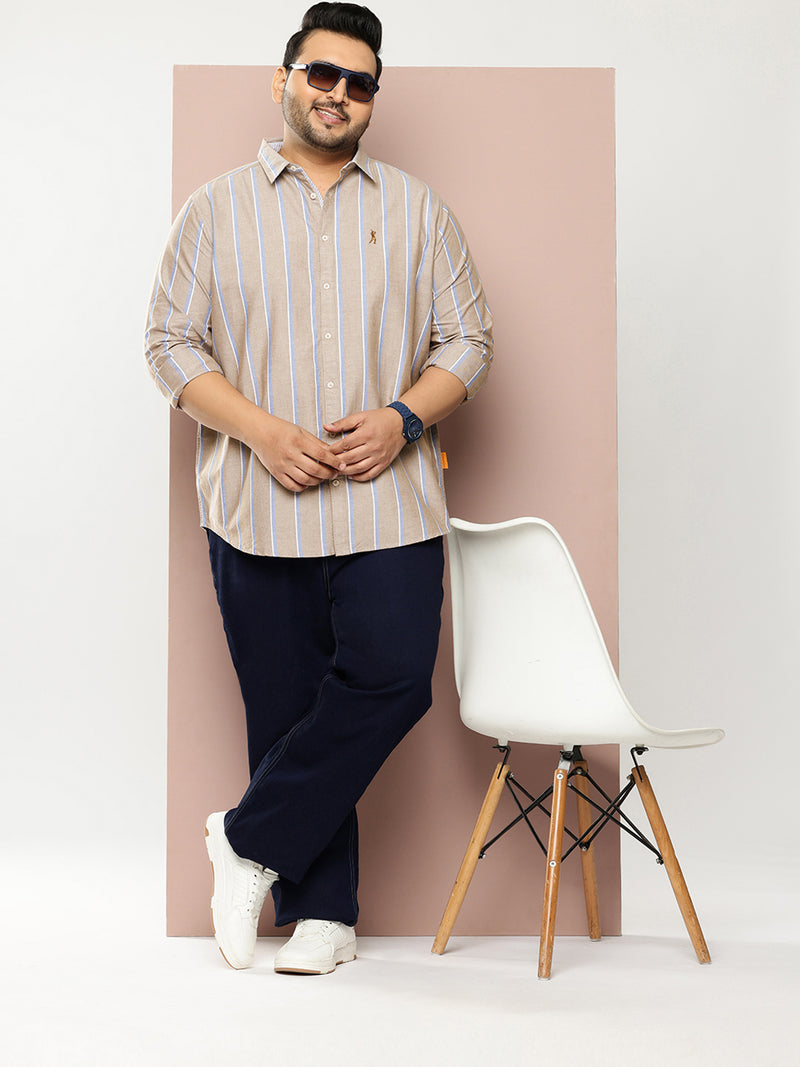 Thomas Scott Men Beige Plus Size Regular Fit Long Sleeves Spread Collar 100% Cotton Oxford Casual Shirt